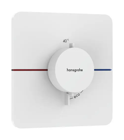 Thermostat von Hansgrohe auf einer weißen Hintergrundplatte, mit Temperatureinstellung bis 40 °C und Eco-Modus, ausgestattet mit einem zentralen Drehregler und zwei Farbmarkierungen.